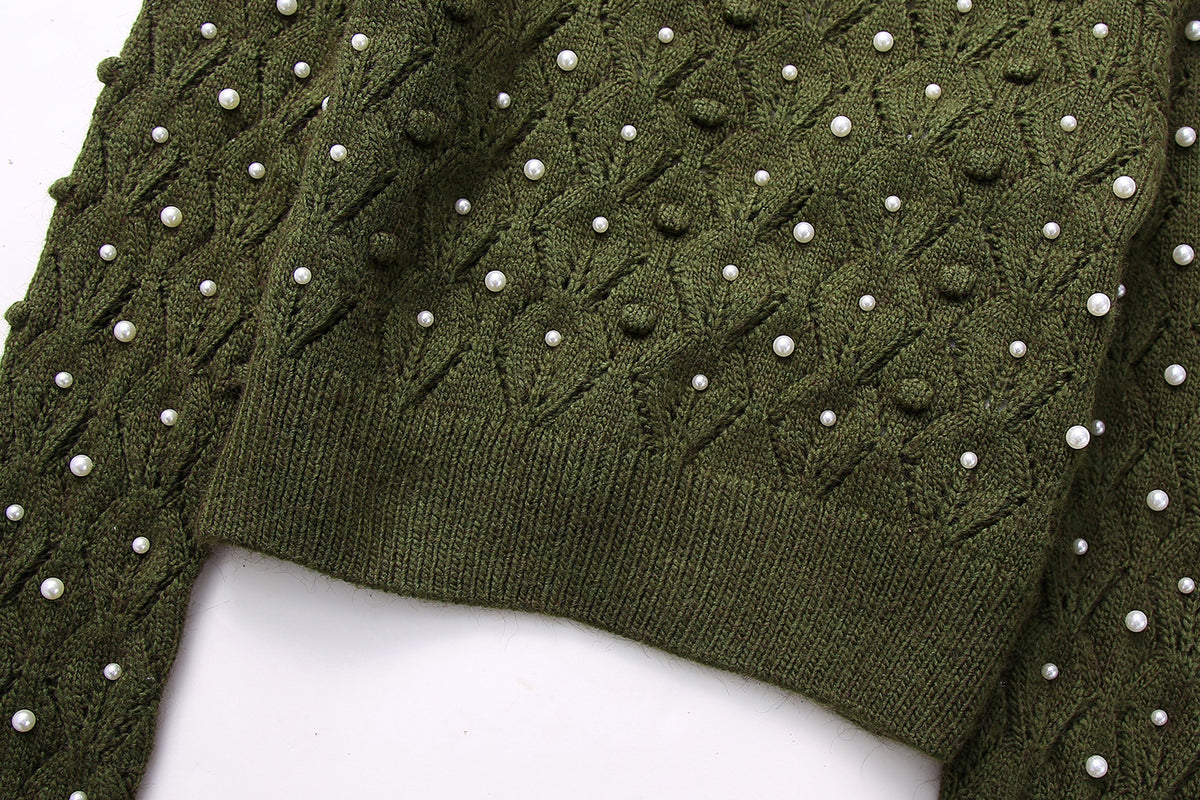 New Woman Long Sleeve Knitted Knitwears Pullover Backless Sweater Jumpers Top Faux Pearls Cropped Sweaters for Women