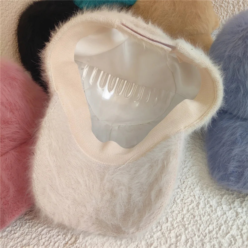 Winter soft imitation fur baseball cap for women - Solid color warm baseball caps for women, outdoor casual