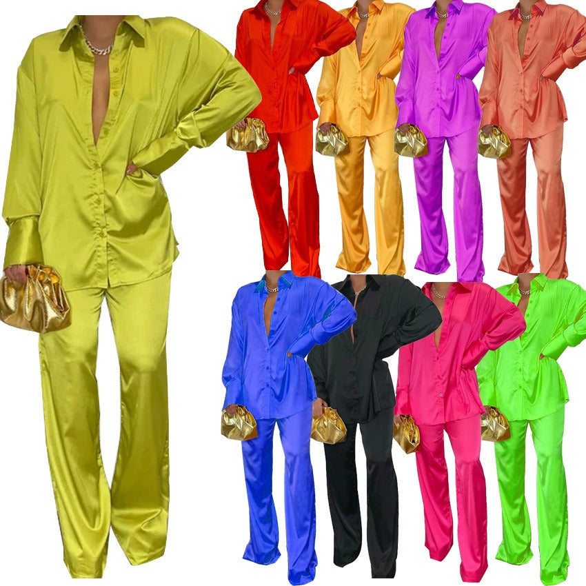 Elegant Satin Women's Matching Sets Casual Long Sleeve Shirt