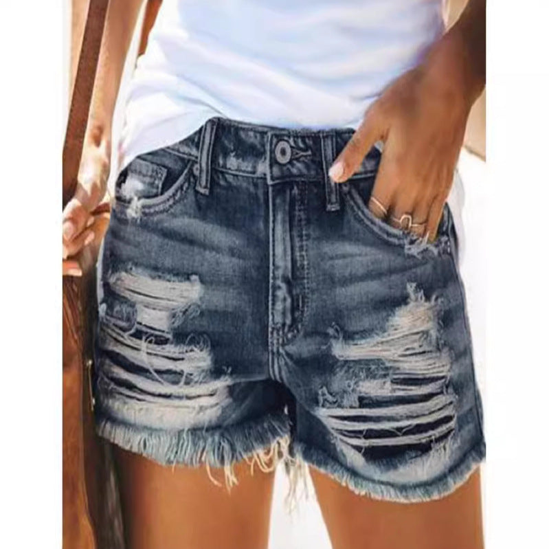 Broken hole tassel denim shorts for women