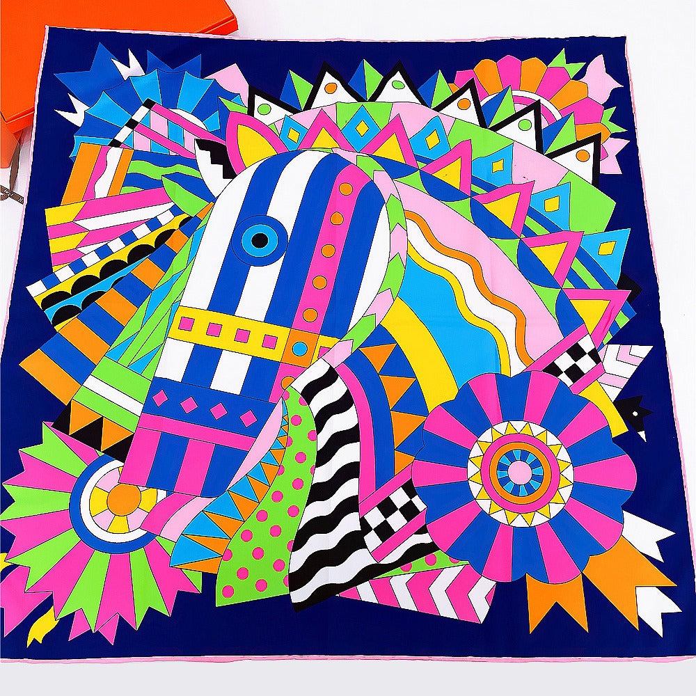 90cm New Versatile Handmade Curled Colored Horse Head Women's Fashion Decoration Square Scarf Shawl in Stock Scarves