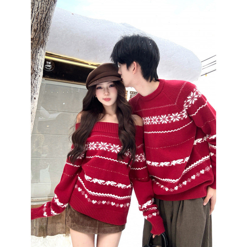 Couples' Autumn/Winter Red Thick Knitted Sweaters for Men and Women