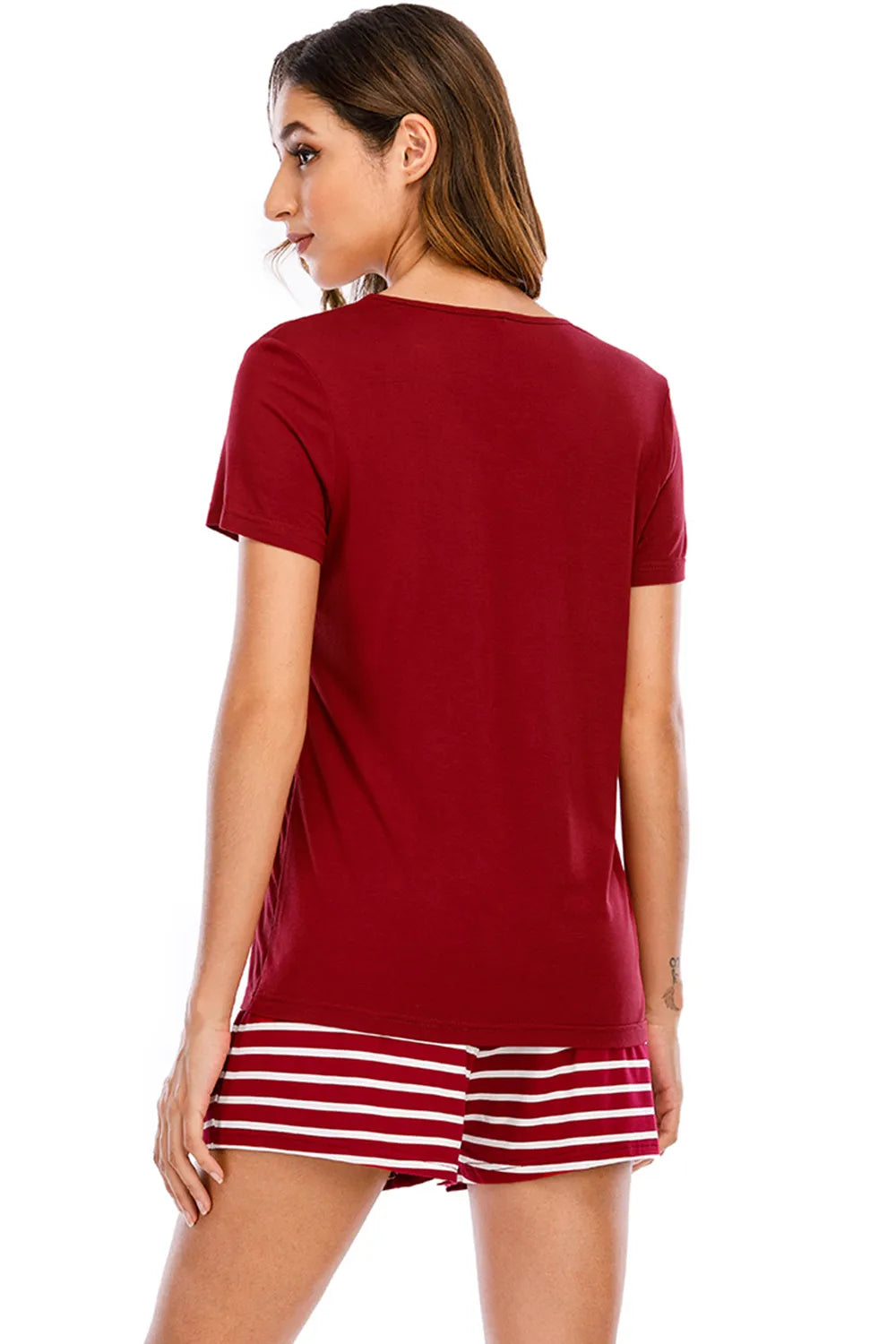 Ensemble de pyjama pour femme - Haut imprimé col rond et short rayé