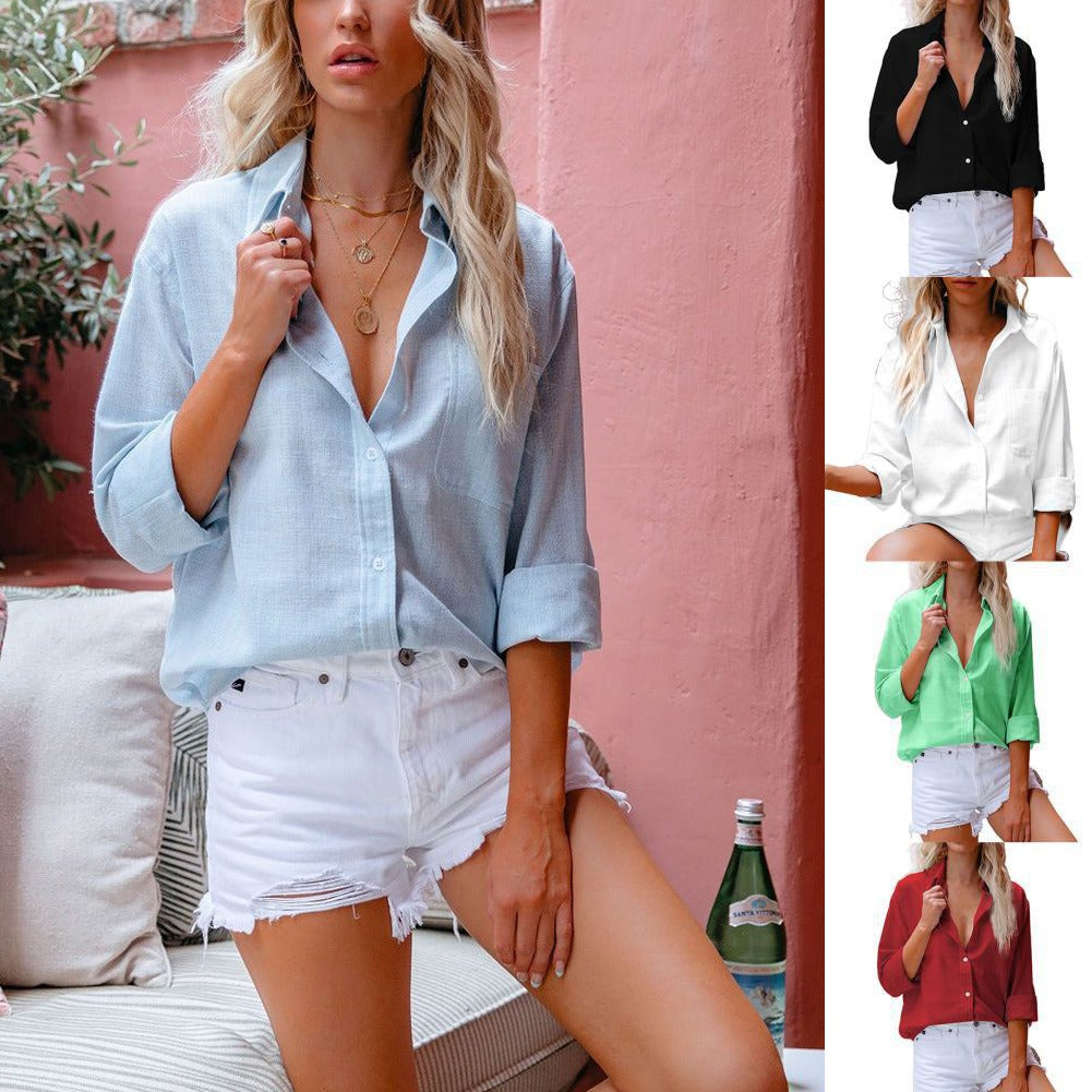 Women's Solid Cotton Linen Long Sleeve Shirt Women's Casual Loose Linen Button Shirt Lapel Top