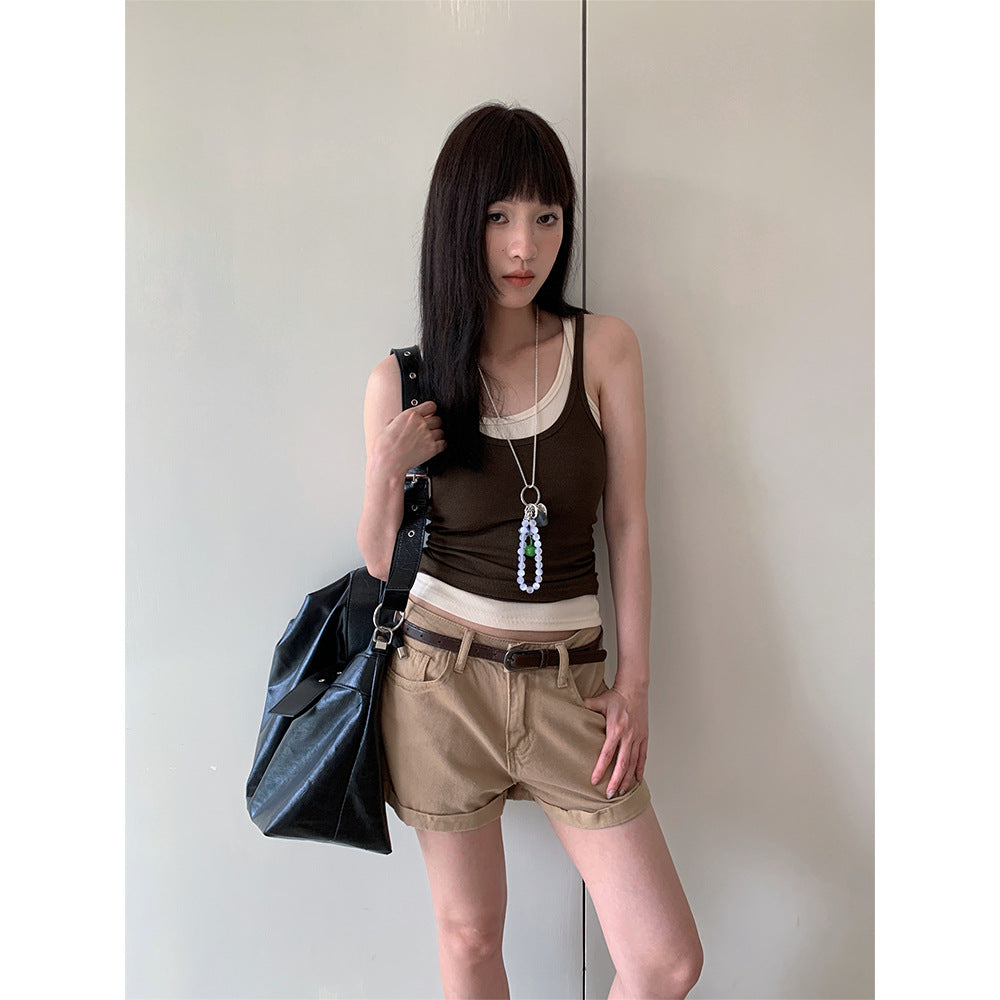 Sweet and Spicy Style Cuffed Denim Shorts for Women Retro Mini Shorts