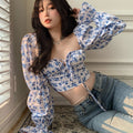 Fragmented Chiffon Shirt Womens New French V neck Bubble Sleeves Design Feeling Small, Short, Naked, Long Sleeve Top