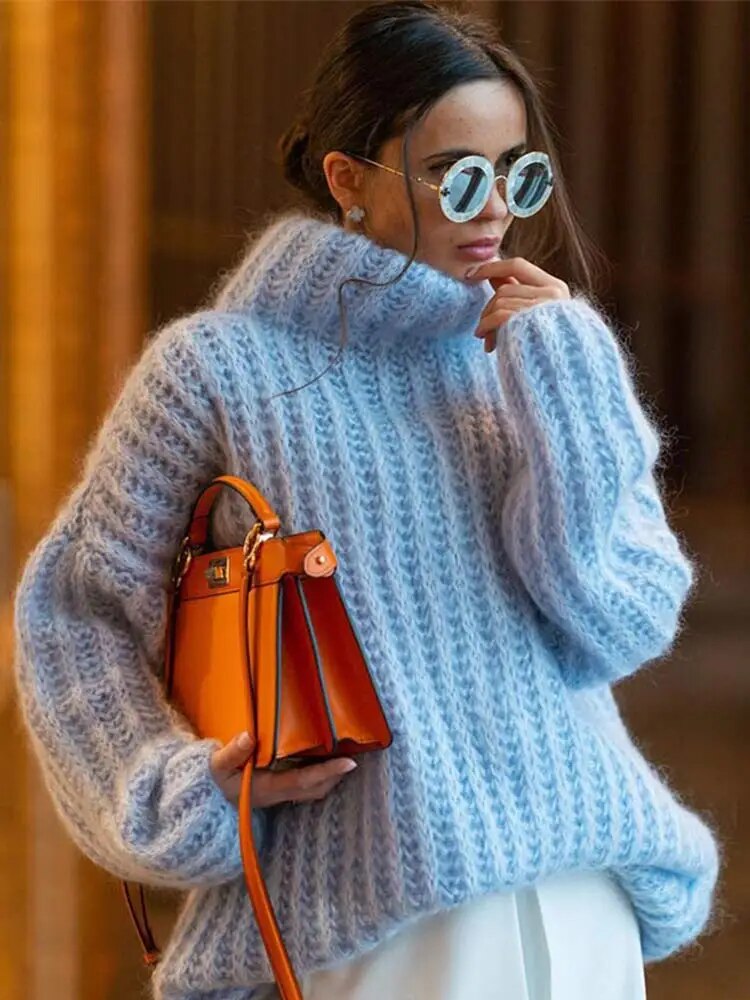 High Neck Crochet Knitted Pullover Women Thicken Solid Jumper Sweaters