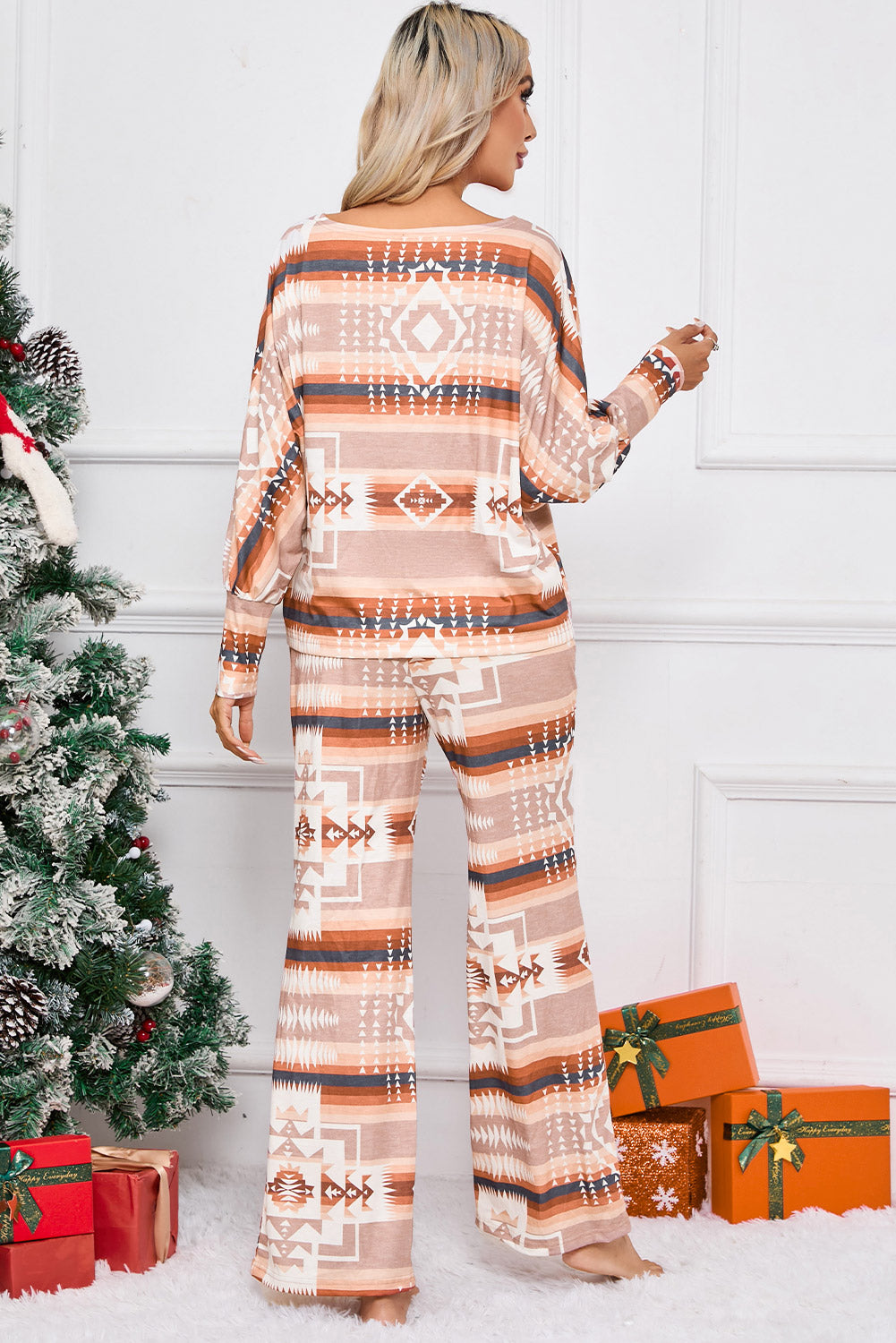 Multicolor Aztec Print Puff Sleeve Pullover and Pants Lounge Outfit