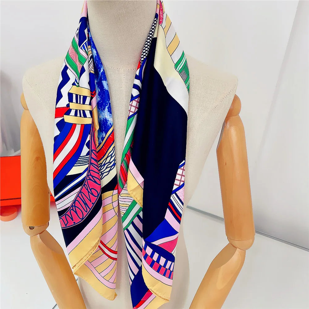 Saddle Print Twill Silk Scarf Women 90CM Square Scarves Wraps Shawl Handmade Curled Silk Head Scarf