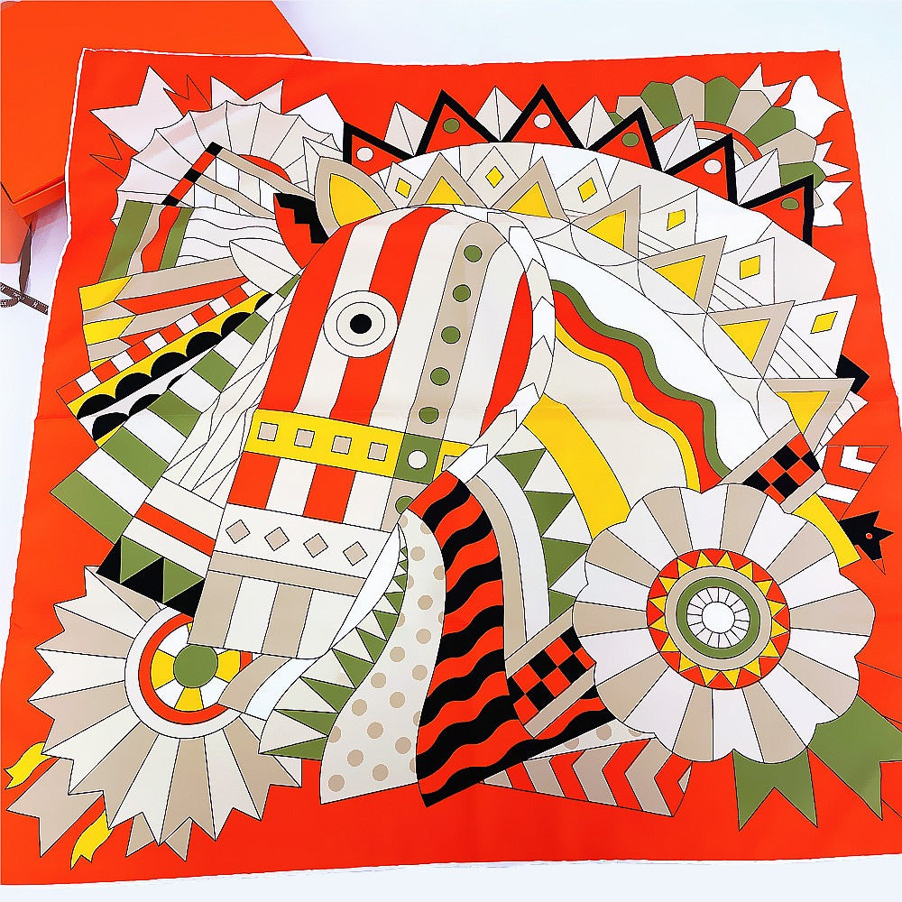 90cm New Versatile Handmade Curled Colored Horse Head Women's Fashion Decoration Square Scarf Shawl in Stock Scarves
