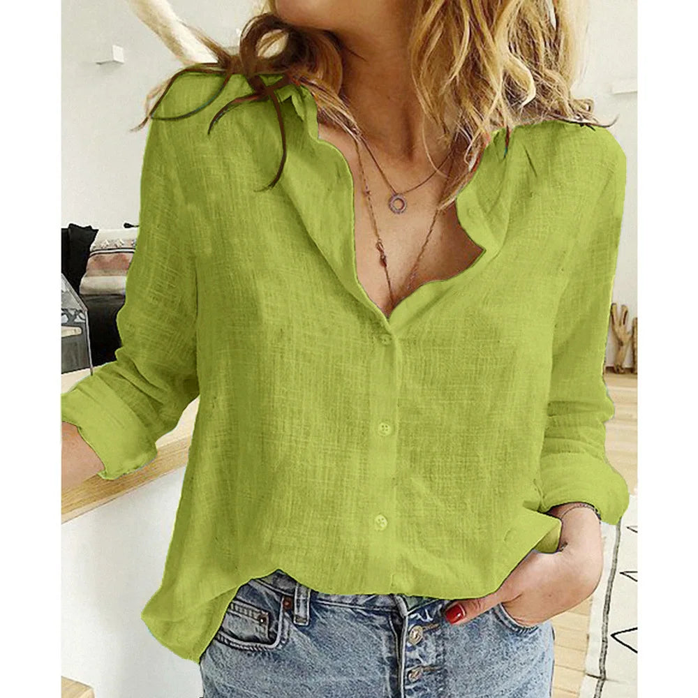 Women’s Cotton-Linen Oversized Button-Up Long-Sleeve Blouse
