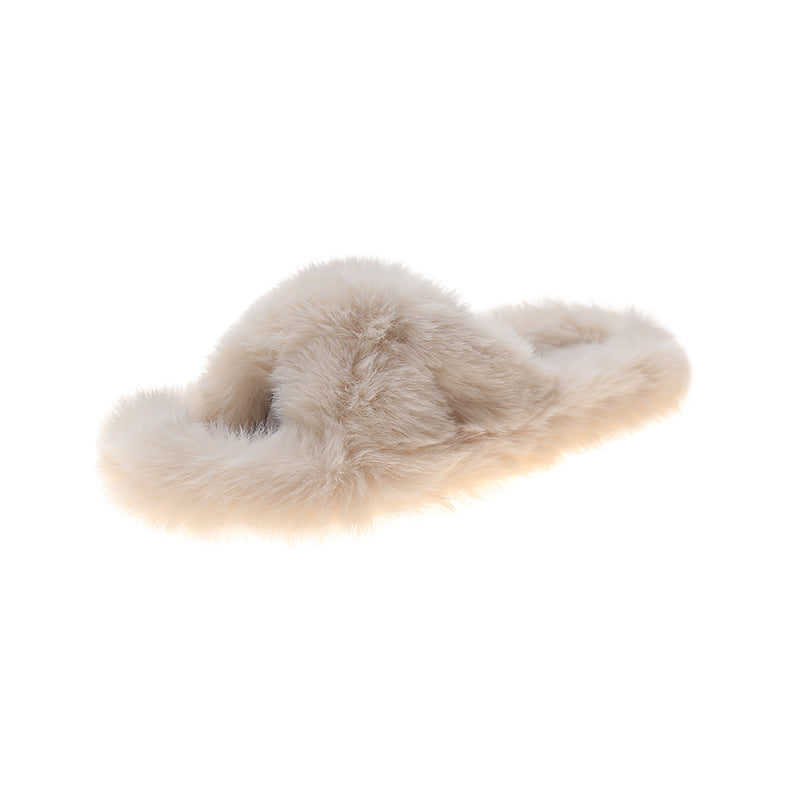 Autumn And Winter Internet Celebrity Slippers To Wear Warm Plus Size Cross Hair Slippers Women's Shoes