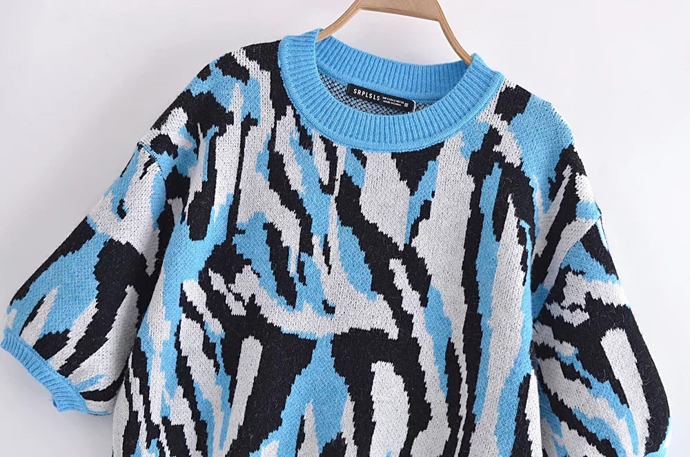Summer Autumn Women Chic Leopard Printed Short Sweaters Casual Loose Streetwear Knitting Pullover Cropped Tops