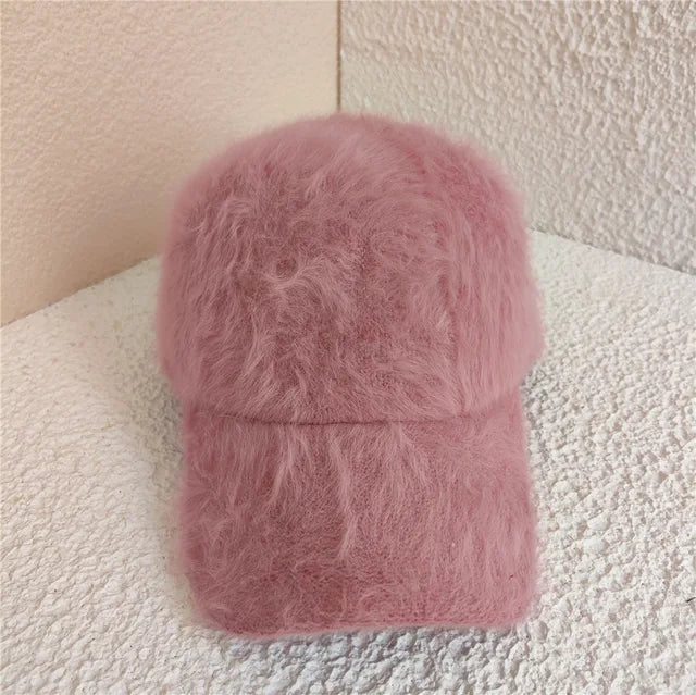 Winter soft imitation fur baseball cap for women - Solid color warm baseball caps for women, outdoor casual