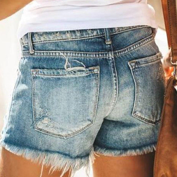 Broken hole tassel denim shorts for women