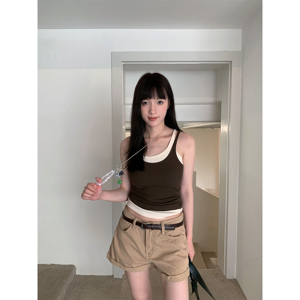Sweet and Spicy Style Cuffed Denim Shorts for Women Retro Mini Shorts
