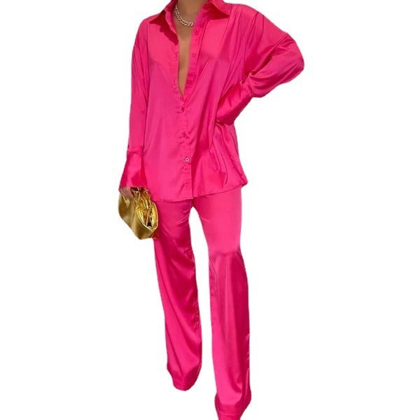 Elegant Satin Women's Matching Sets Casual Long Sleeve Shirt
