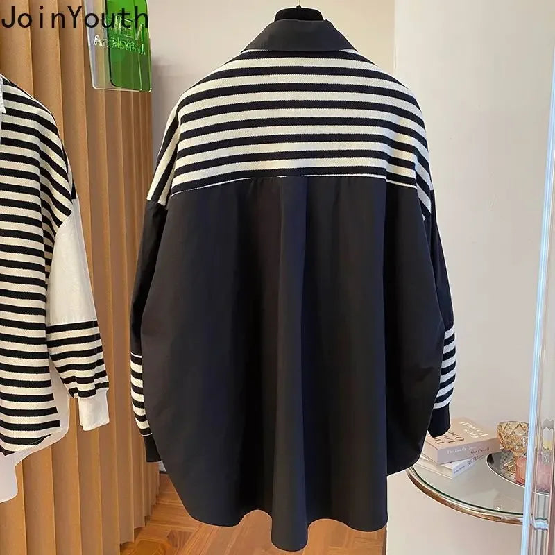 Women Clothing Patchwork Fake Two Sweatshirts Contrast Color Striped Casual Y2k Tops Fashion Korean Oversized Hoodies