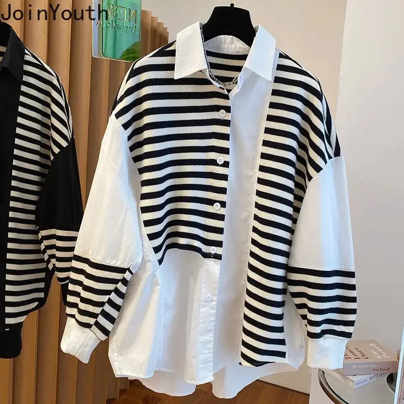 Women Clothing Patchwork Fake Two Sweatshirts Contrast Color Striped Casual Y2k Tops Fashion Korean Oversized Hoodies