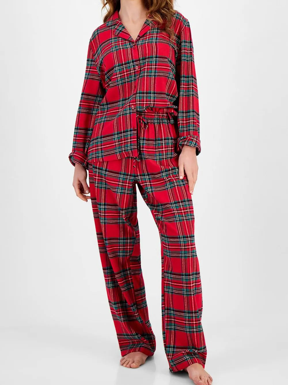 Plaid Collared Neck Button-Up Top and Pants Lounge Set