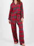 Plaid Collared Neck Button-Up Top and Pants Lounge Set