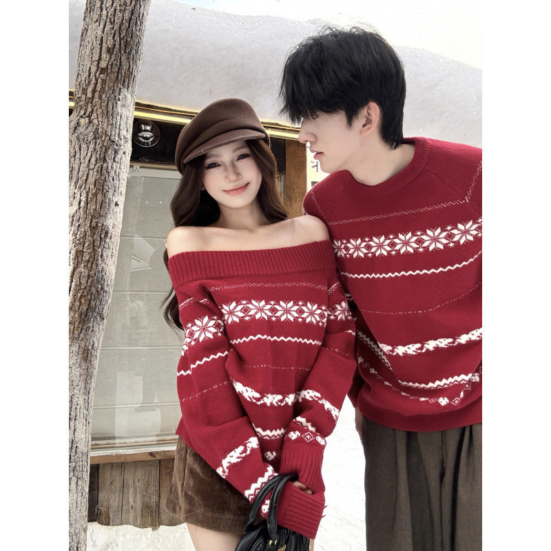 Couples' Autumn/Winter Red Thick Knitted Sweaters for Men and Women