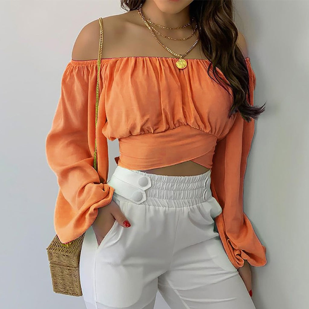 Hot Selling Women's Off-Shoulder Cross Tie Long-Sleeved Top in Europe and America