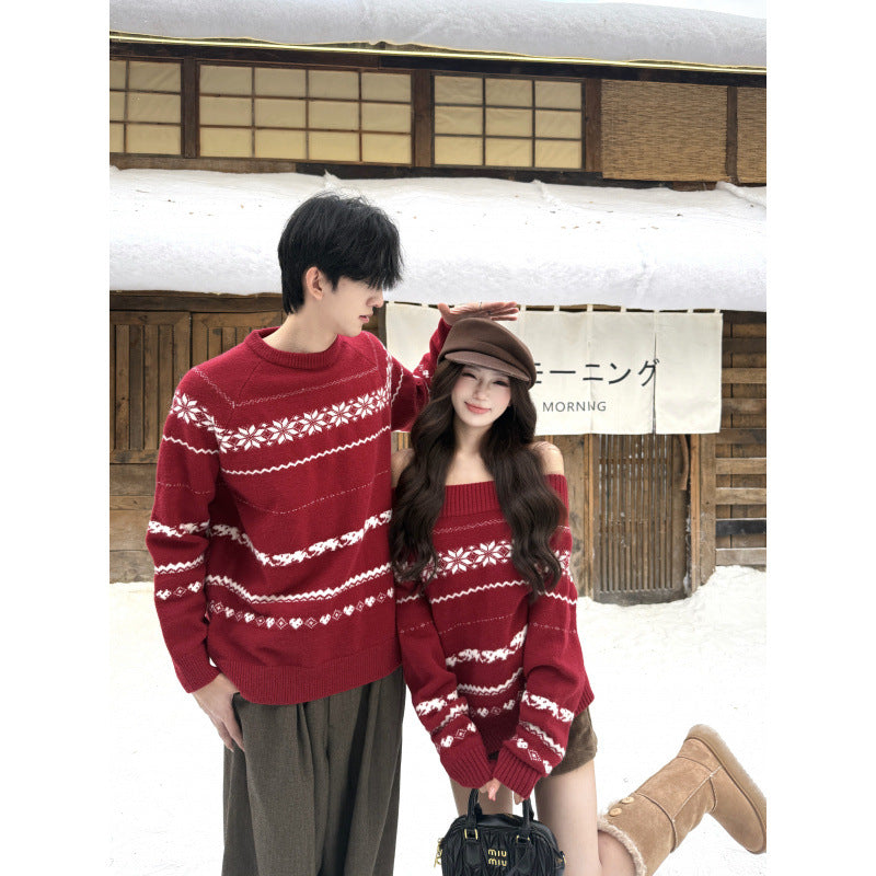Couples' Autumn/Winter Red Thick Knitted Sweaters for Men and Women