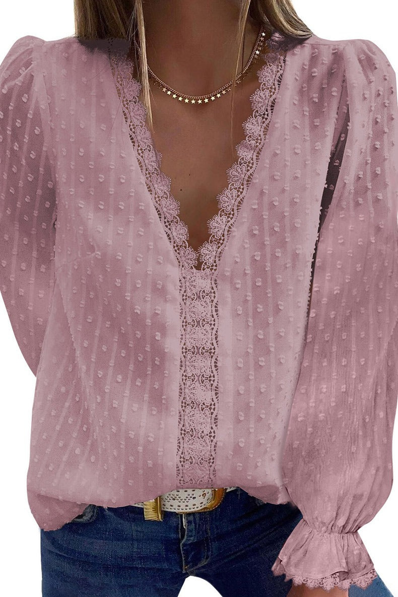 European and American Womens Solid Color V Neck Lace Embroidery Lace Long Sleeved Chiffon Shirt Solid Color Top for Women