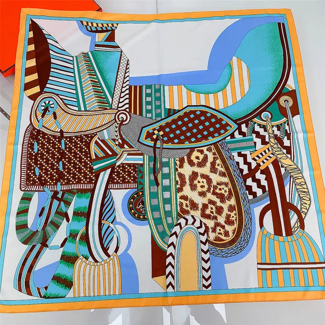 Saddle Print Twill Silk Scarf Women 90CM Square Scarves Wraps Shawl Handmade Curled Silk Head Scarf