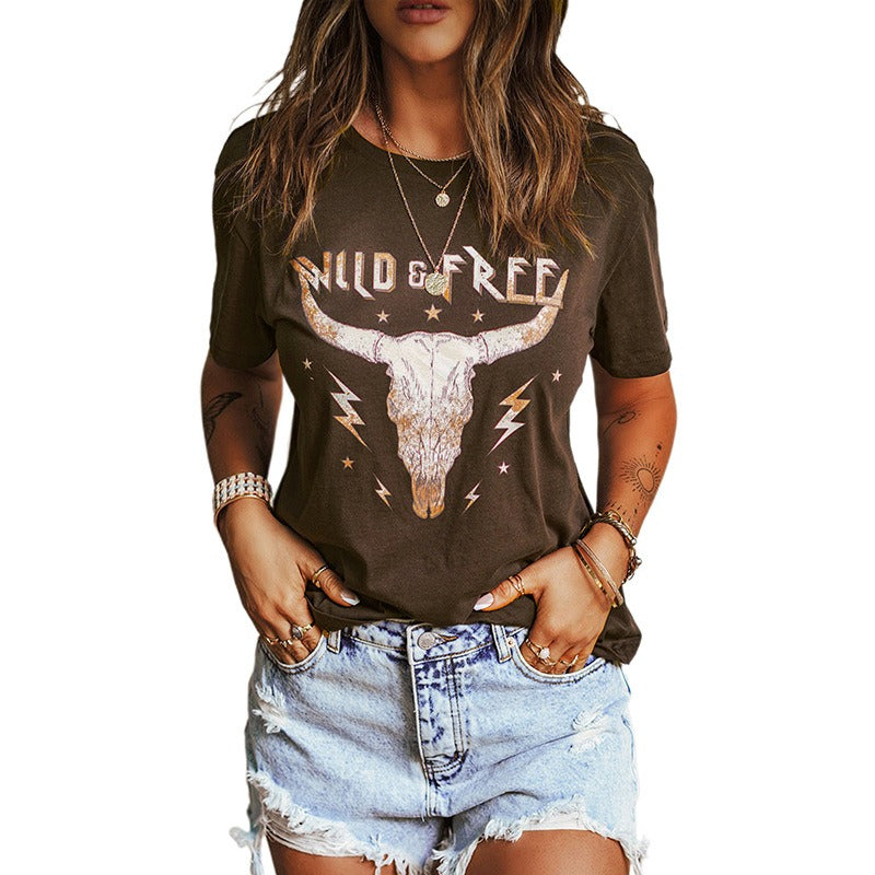 Summer Western Style Simple Top Women's Cotton Short Sleeve Loose Printed Round Neck Women's T-Shirt