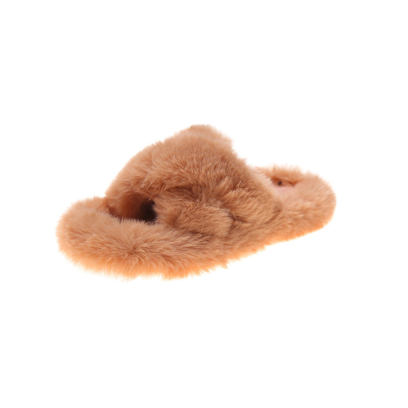 Autumn And Winter Internet Celebrity Slippers To Wear Warm Plus Size Cross Hair Slippers Women's Shoes