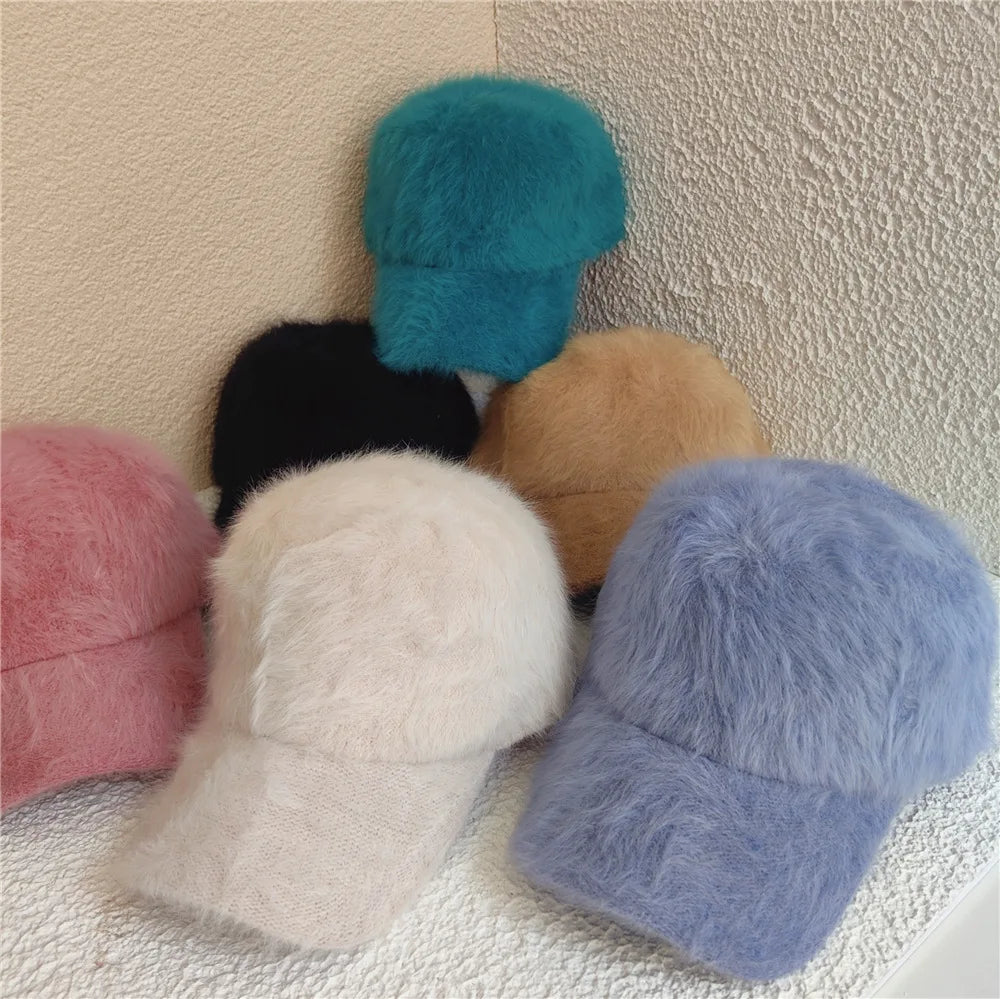 Winter soft imitation fur baseball cap for women - Solid color warm baseball caps for women, outdoor casual