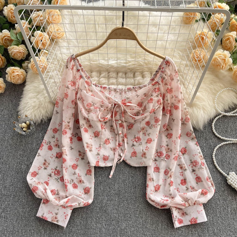 Women’s Vintage Floral Lace-Up Bow-Tie Crop Top with Puff Sleeves