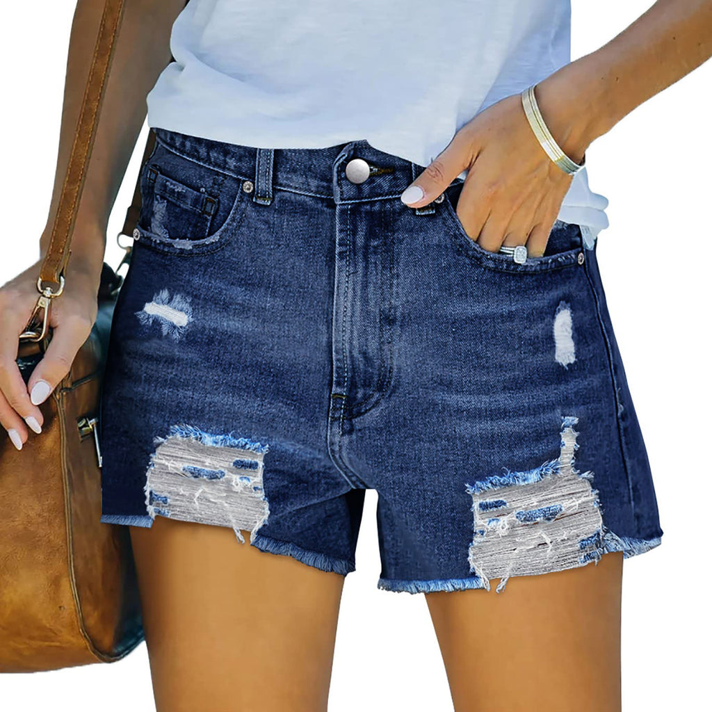 Perforated elastic slim fit denim shorts for women