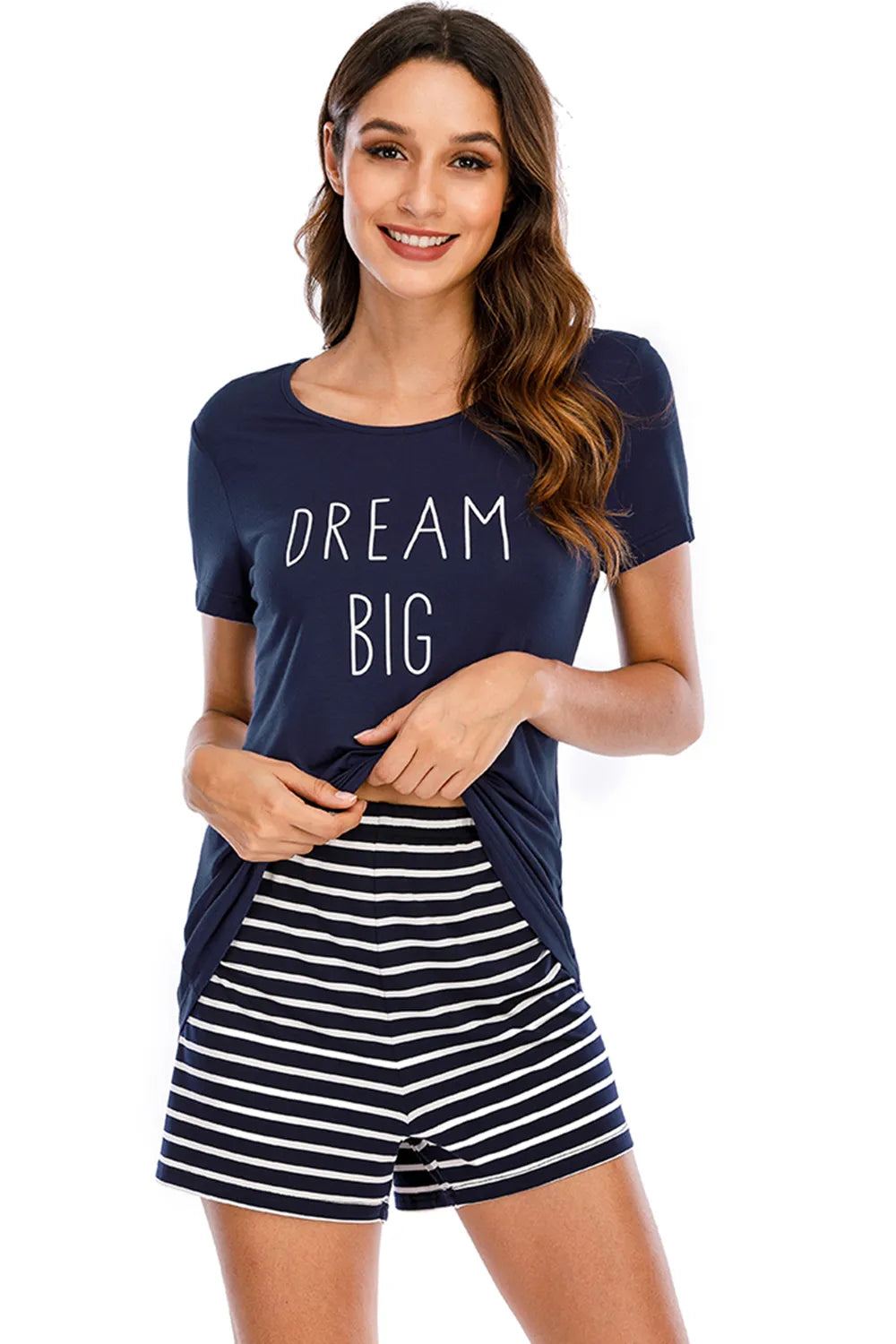 Ensemble de pyjama pour femme - Haut imprimé col rond et short rayé