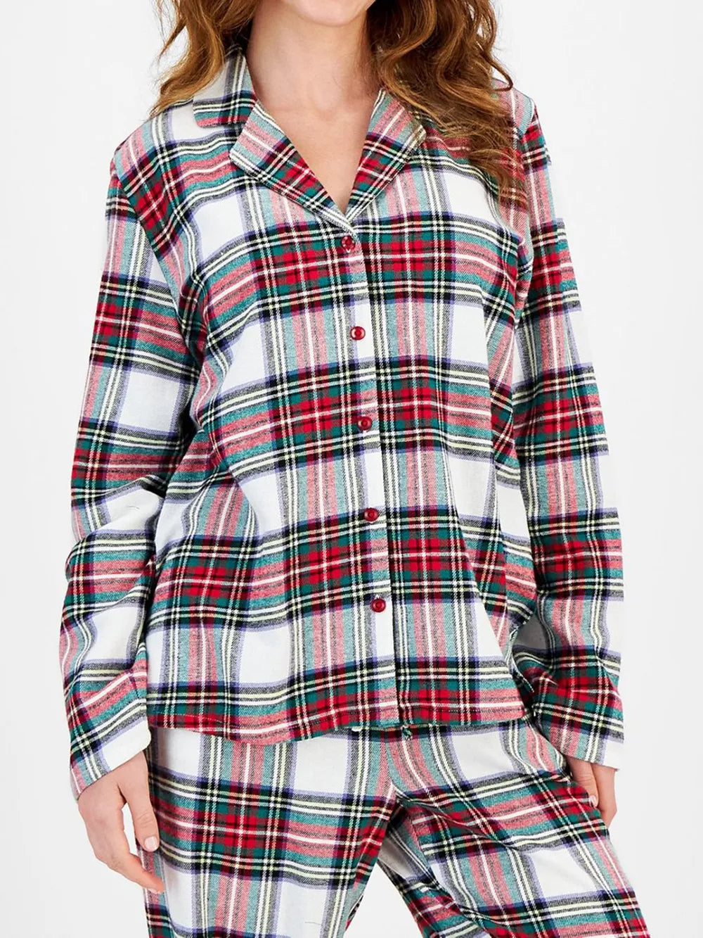 Plaid Collared Neck Button-Up Top and Pants Lounge Set