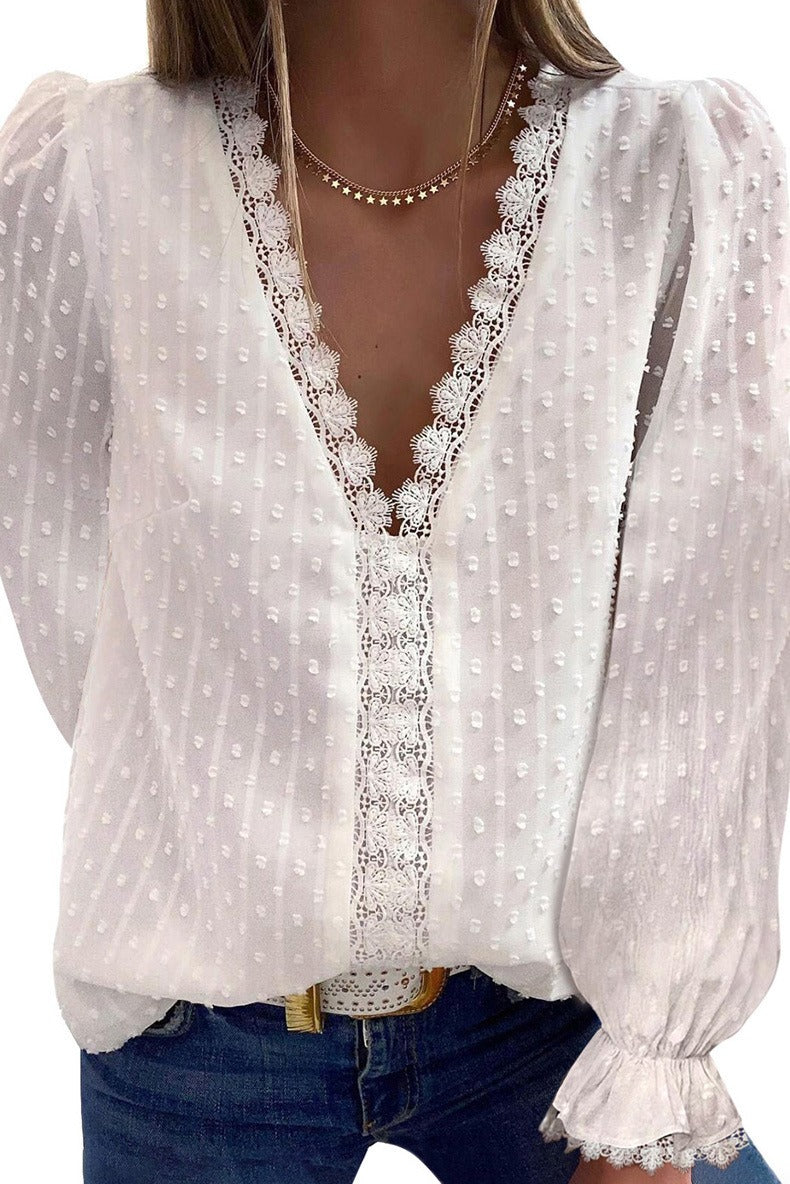 Women's European and American Solid Color V-Neck Lace Embroidery Long-Sleeved Chiffon Shirt, Solid Color Top for Women