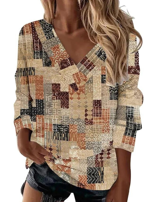 Women’s Retro Geometric Print V-Neck Long-Sleeve Loose Top