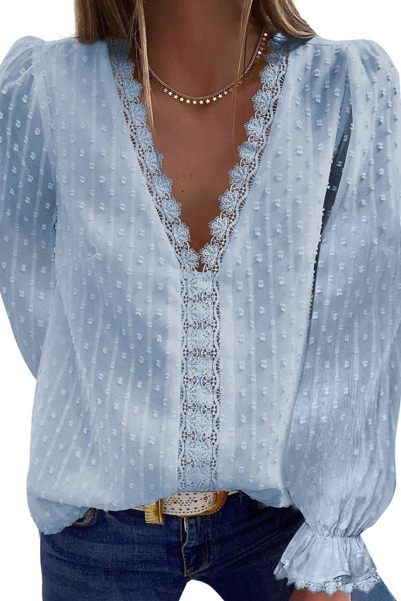 Women's European and American Solid Color V-Neck Lace Embroidery Long-Sleeved Chiffon Shirt, Solid Color Top for Women