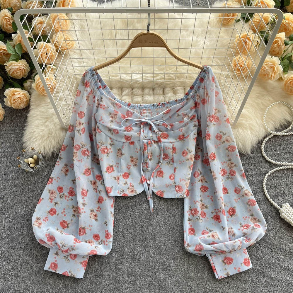 Women’s Vintage Floral Lace-Up Bow-Tie Crop Top with Puff Sleeves