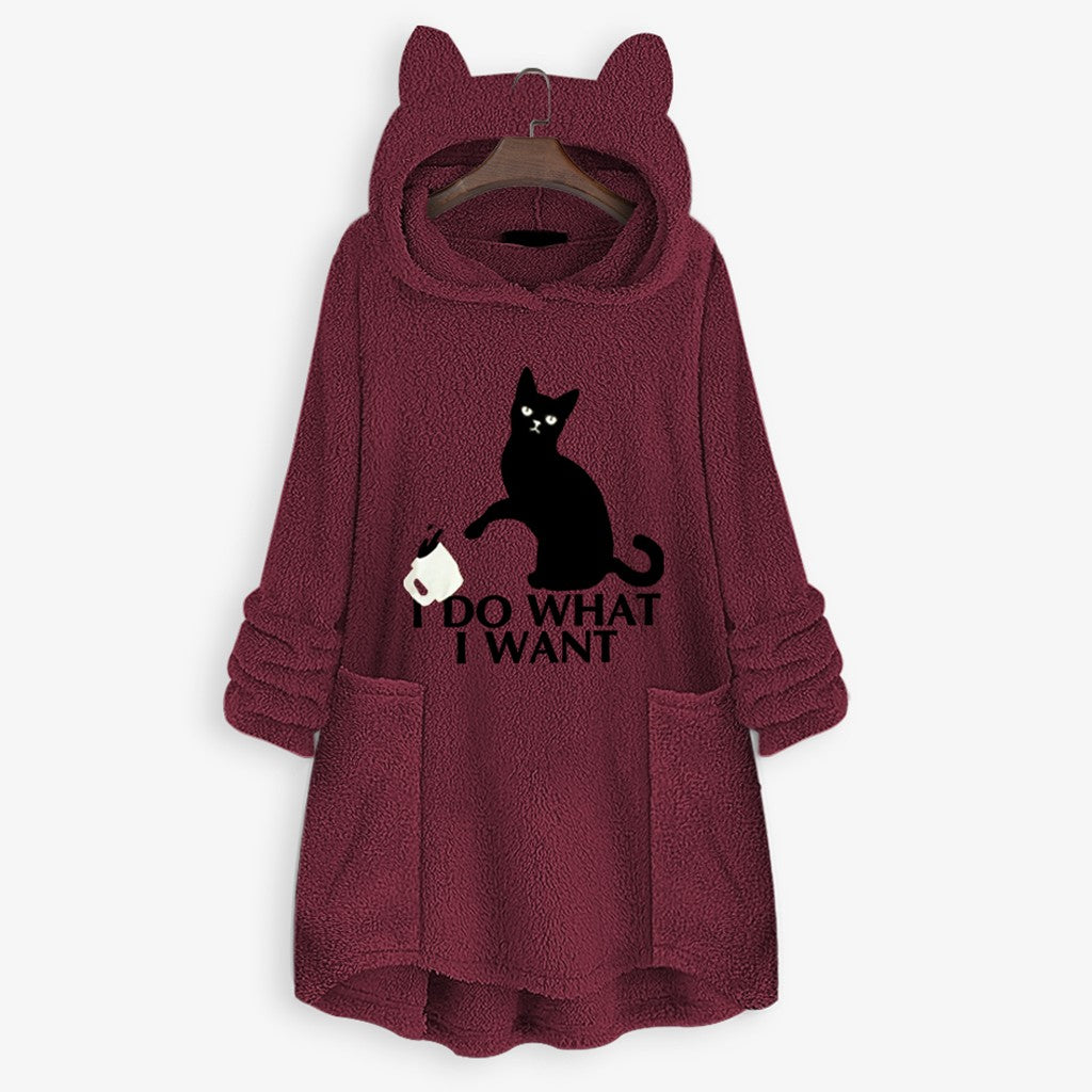 Womail Hoodie Sweatshirt Womens winter Fleece Cat Ear Long Pocket loose Casual Hooded Feminine Oversize Sweatshirt Plus Size