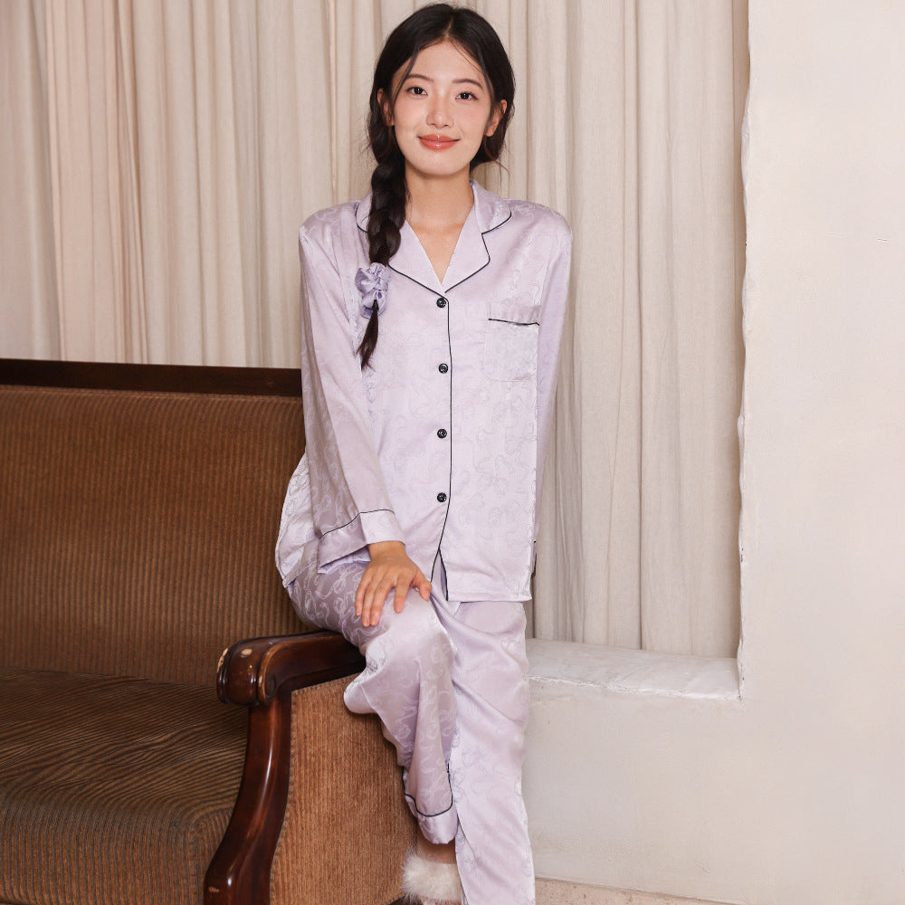 Women's Long Sleeve Luxurious Moonlight Satin Bow Pattern Elegant Minimalist Turn-Down Collar Lounge Wear Set