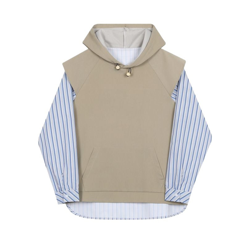 Women Hoodies Stripes Patchwork Hooded Fake Two Sweater Coats Asymmetry Color Matching Casual Pullovers Tops