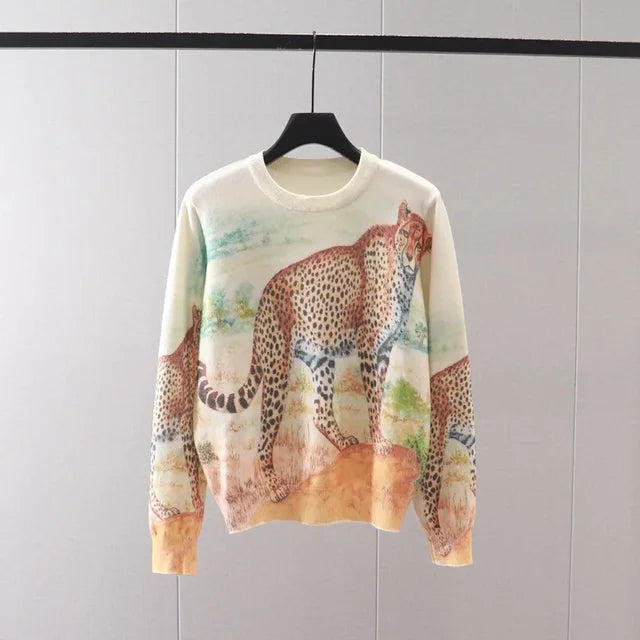 Sweaters Women Luxury Brand Jumper Knitted Sweaters Pullovers Long Sleeve Tops Animal Leopard Print Jersey Y2k Women Clothing