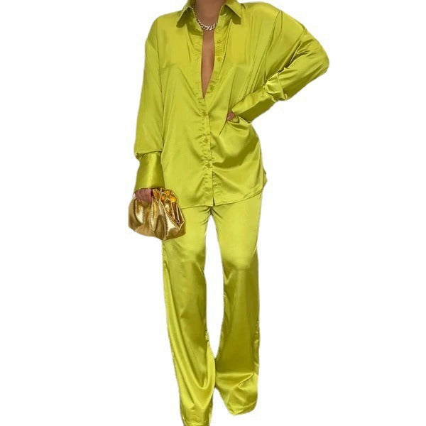 Elegant Satin Women's Matching Sets Casual Long Sleeve Shirt