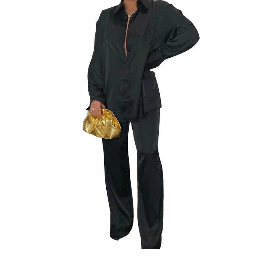 Elegant Satin Women's Matching Sets Casual Long Sleeve Shirt