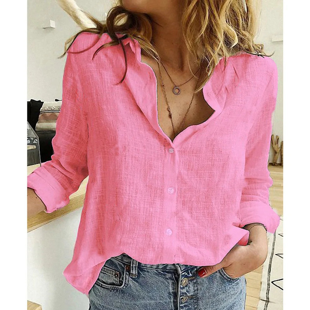 Women’s Cotton-Linen Oversized Button-Up Long-Sleeve Blouse