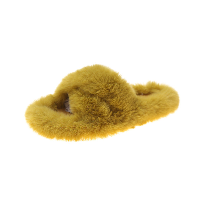 Autumn And Winter Internet Celebrity Slippers To Wear Warm Plus Size Cross Hair Slippers Women's Shoes