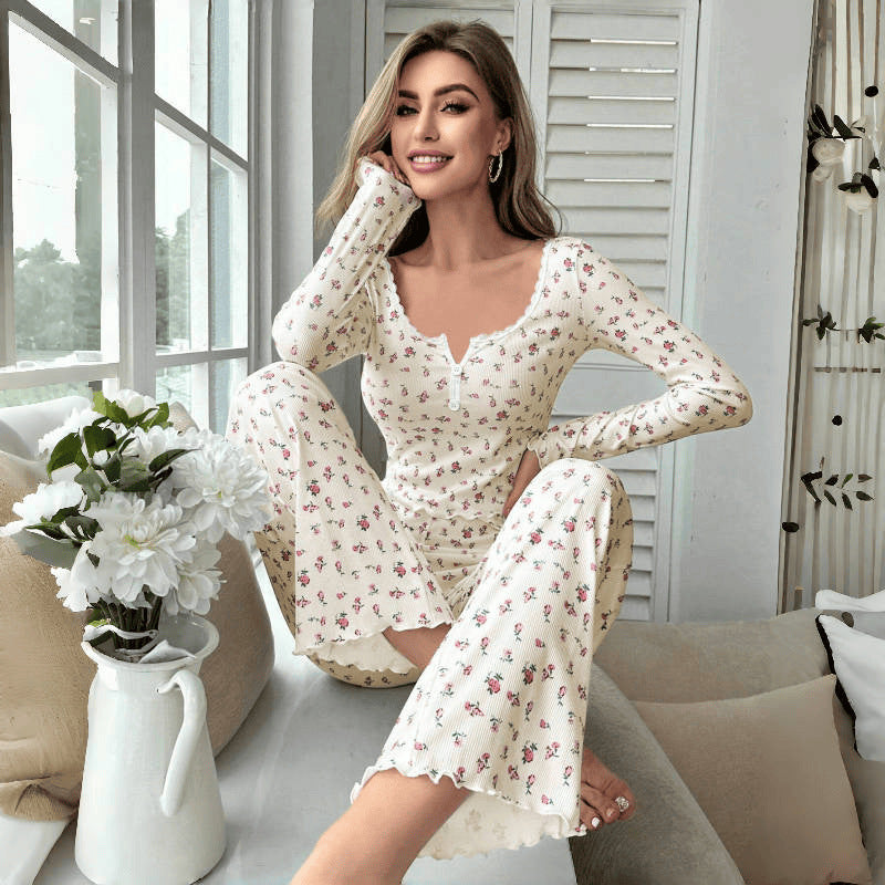Floral Long Sleeve Long Pants Pajama Set, Casual Fashionable Lounge Wear for Home and Outing